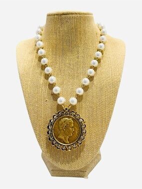 Yochi Gold Coin Pendant Pearl Necklace - Women Jewelry